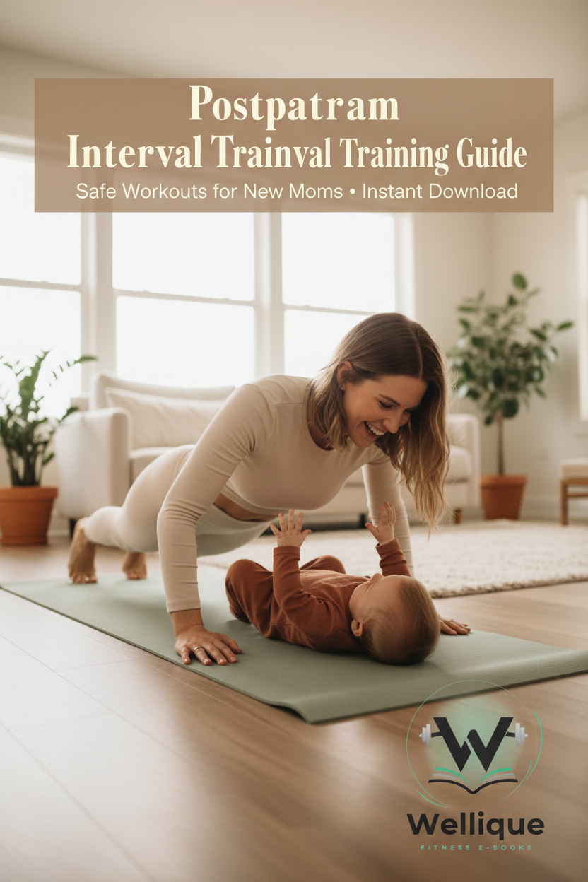 Mom doing push-ups with baby – Postpartum Interval Training Guide by Wellique